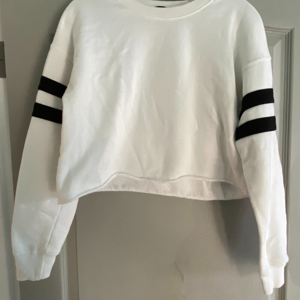 Forever 21 Women's White cropped sweatshirt with black varsity stripes